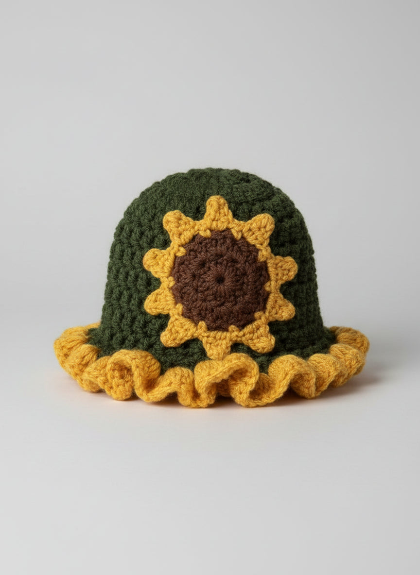 Crochet Ruffle Hat With a Sunflower
